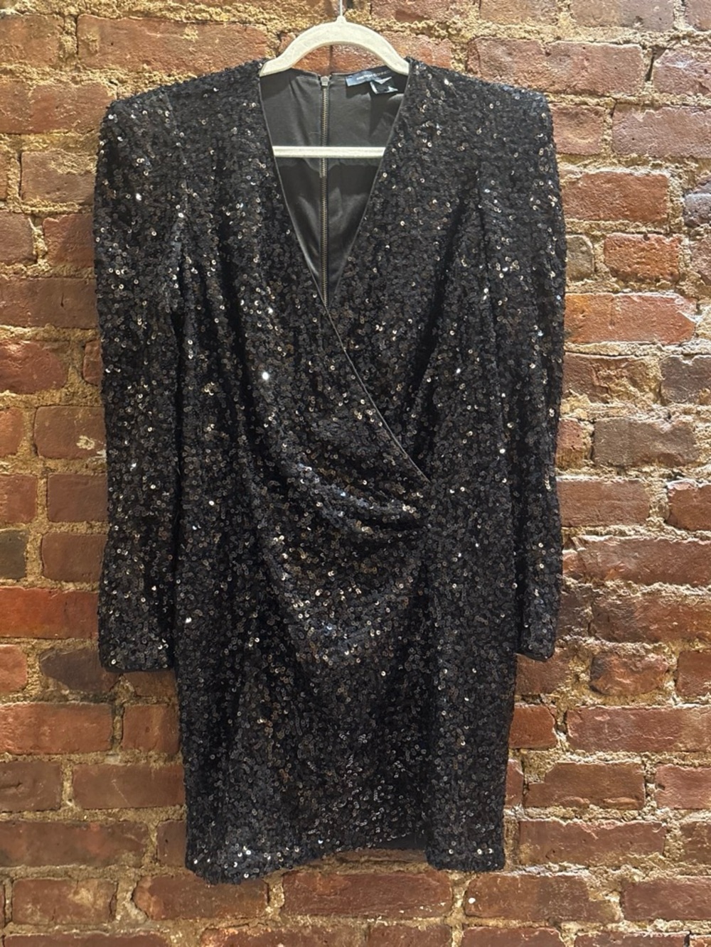 French Connection Black Sequin Wrap-Style Long Sleeve Dress Size XL